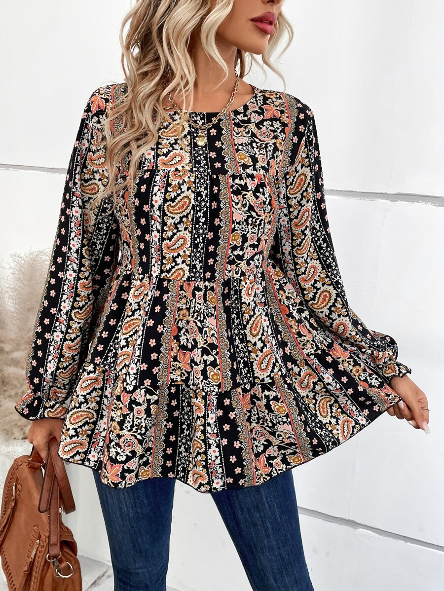 SHEIN LUNE 佩斯利印花荷葉袖荷葉邊下擺襯衫 - 彩色 - 查看 1