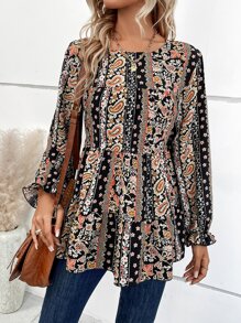 SHEIN LUNE 佩斯利印花荷葉袖荷葉邊下擺襯衫 - 彩色 - 查看 3