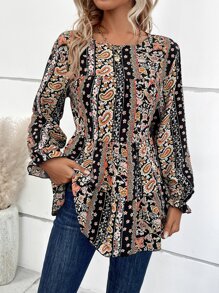 SHEIN LUNE 佩斯利印花荷葉袖荷葉邊下擺襯衫 - 彩色 - 查看 6