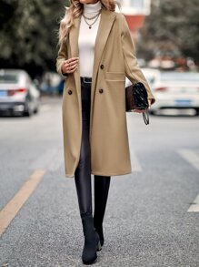 SHEIN Unity 西裝領雙排釦花呢外套 - 卡其色 - 查看 3