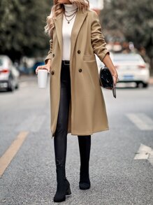 SHEIN Unity 西裝領雙排釦花呢外套 - 卡其色 - 查看 4