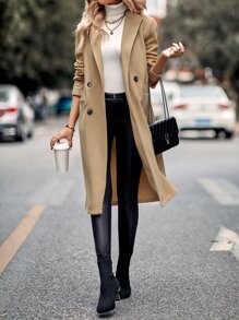 SHEIN Unity 西裝領雙排釦花呢外套 - 卡其色 - 查看 6