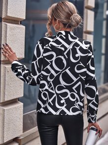 EMERY ROSE Allover Print Notched Neck Blouse,Long Sleeve Tops - Black and White - View 2
