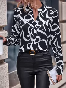 EMERY ROSE Allover Print Notched Neck Blouse,Long Sleeve Tops - Black and White - View 5
