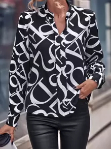 EMERY ROSE Allover Print Notched Neck Blouse,Long Sleeve Tops - Black and White - View 6