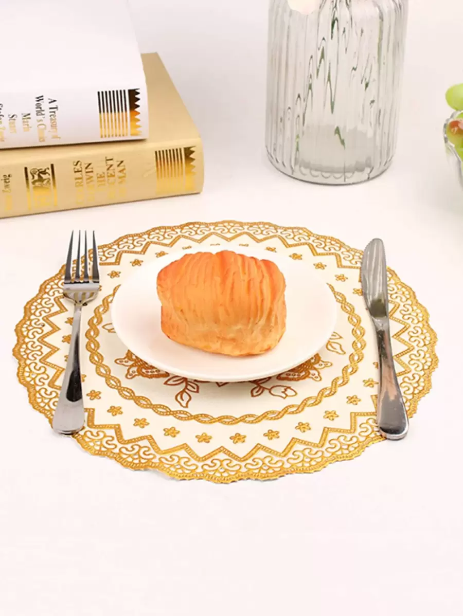 1pc Floral Embroidered Round Placemat - Gold - View 1