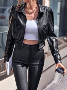 SHEIN Essnce Zip Up Puff Sleeve PU Jacket - Black - View 1