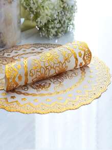 1pc Floral Embroidered Round Placemat - Gold - View 2