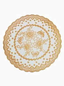 1pc Floral Embroidered Round Placemat - Gold - View 3