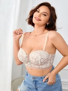 Plus Floral Lace Underwire Bra, Lingerie - Apricot - View 1