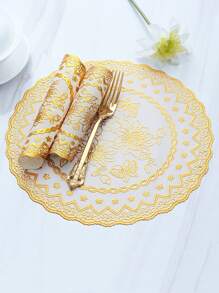 1pc Floral Embroidered Round Placemat - Gold - View 5