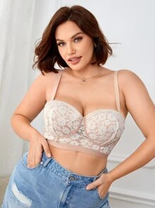 Plus Floral Lace Underwire Bra, Lingerie - Apricot - View 3
