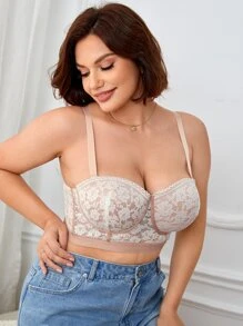 Plus Floral Lace Underwire Bra, Lingerie - Apricot - View 4
