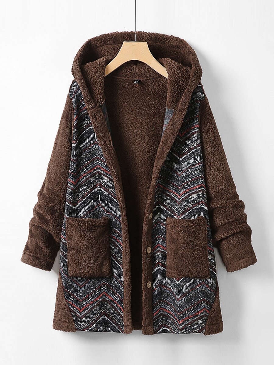 Mulvari Plus Chevron Pattern Double Pocket Hooded Flannel Coat - Chocolate Brown - View 1