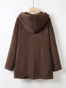 Mulvari Plus Chevron Pattern Double Pocket Hooded Flannel Coat - Chocolate Brown - View 2