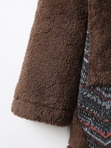 Mulvari Plus Chevron Pattern Double Pocket Hooded Flannel Coat - Chocolate Brown - View 3