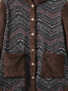 Mulvari Plus Chevron Pattern Double Pocket Hooded Flannel Coat - Chocolate Brown - View 4