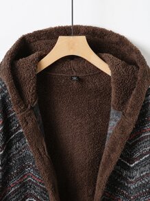 Mulvari Plus Chevron Pattern Double Pocket Hooded Flannel Coat - Chocolate Brown - View 5