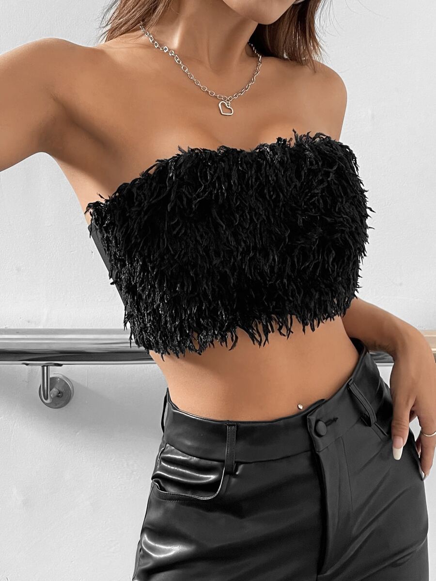 Top tubo corto unicolor de peluche - Negro - Ver 1