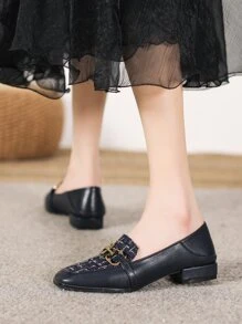 女士黑色平底乐福鞋，粗跟复古方头穆勒鞋，休闲鞋 - 藏蓝色 - 查看 2