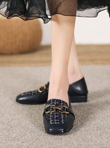 女士黑色平底乐福鞋，粗跟复古方头穆勒鞋，休闲鞋 - 藏蓝色 - 查看 3