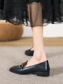 女士黑色平底乐福鞋，粗跟复古方头穆勒鞋，休闲鞋 - 藏蓝色 - 查看 4