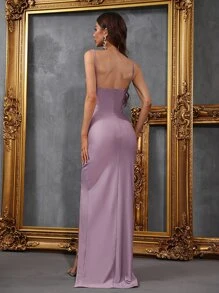 Elegant Strapless Sweetheart Evening Gown With Fitted Silhouette & Asymmetrical High Slit - Dress For Luxury Evening Banquets, Red Carpet Events & Glamorous Galas,Bridesmaid Dress - Mauve Purple - View 2