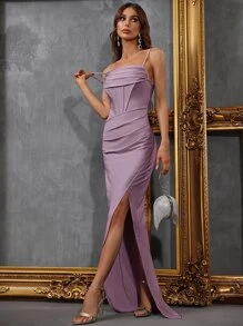 Elegant Strapless Sweetheart Evening Gown With Fitted Silhouette & Asymmetrical High Slit - Dress For Luxury Evening Banquets, Red Carpet Events & Glamorous Galas,Bridesmaid Dress - Mauve Purple - View 4