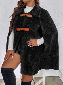 SHEIN Clasi Abrigo con botón delantero de manga capa de peluche - Negro - Ver 6