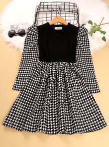 SHEIN Cô gái Tween Họa tiết Nanh sói Bảng Ống tay áo Đầm - Đen và trắng - Xem 1