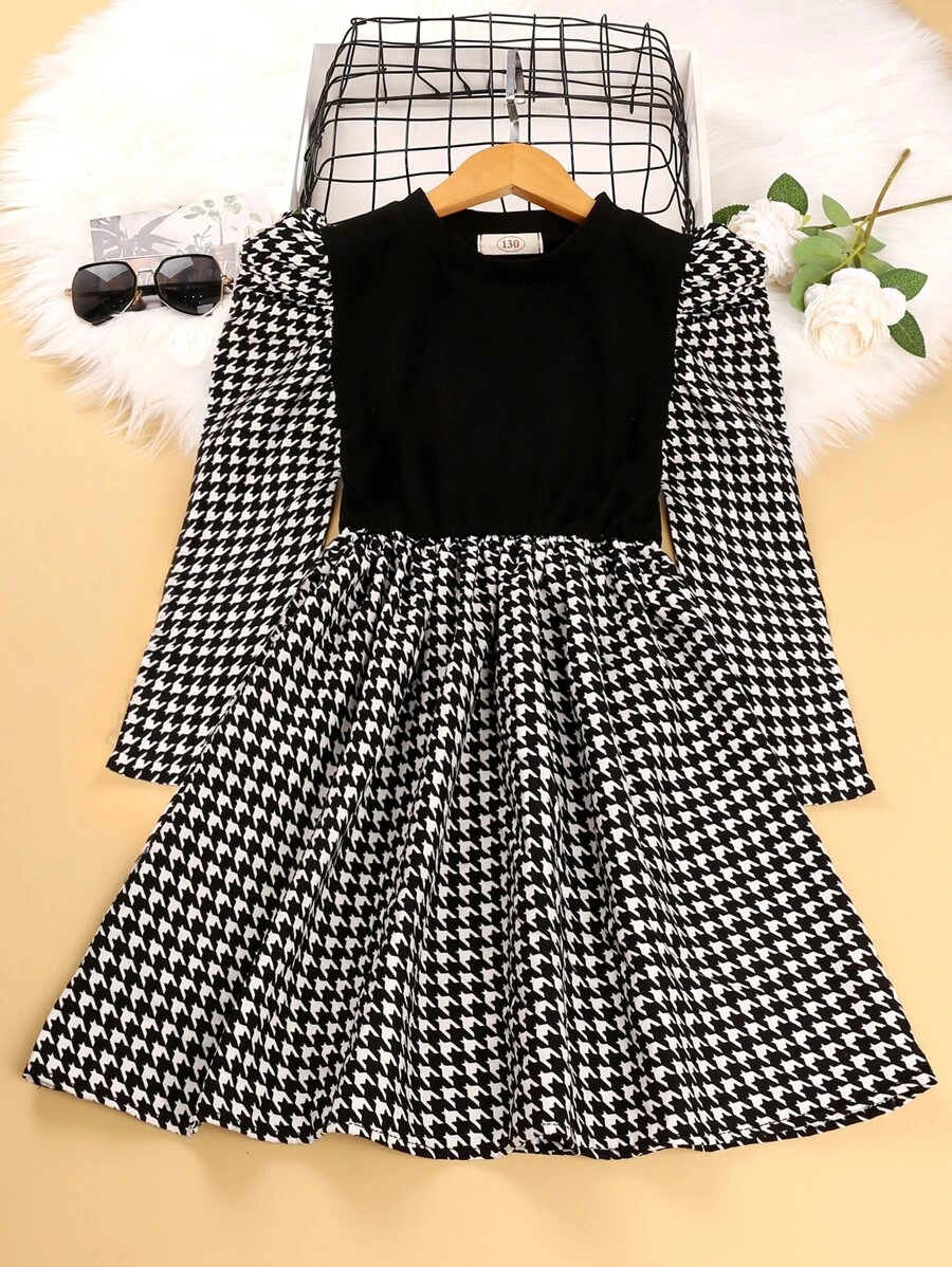 SHEIN Cô gái Tween Họa tiết Nanh sói Bảng Ống tay áo Đầm - Đen và trắng - Xem 1