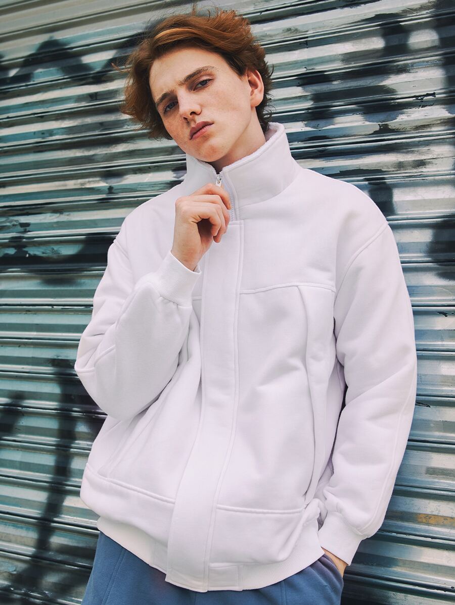 Men Zip Up Drop Shoulder Teddy Liner Jacket Without Hoodie - White - View 1