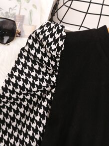 SHEIN Cô gái Tween Họa tiết Nanh sói Bảng Ống tay áo Đầm - Đen và trắng - Xem 4