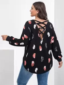 SHEIN LUNE Plus Feather Print Crisscross Back Drop Shoulder Tee - Black - View 1