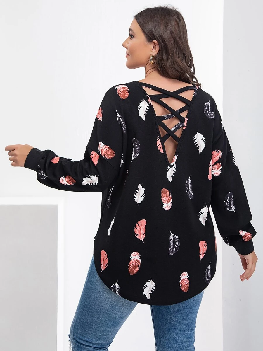SHEIN LUNE Plus Feather Print Crisscross Back Drop Shoulder Tee - Black - View 1