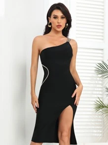 One Shoulder Rhinestone Split Thigh Dress - Black - View 1