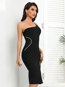 One Shoulder Rhinestone Split Thigh Dress - Black - View 3