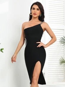 One Shoulder Rhinestone Split Thigh Dress - Black - View 4