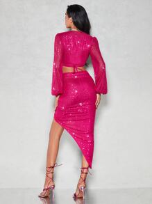 SHEIN BAE 燈籠袖短款亮片上衣和高衩半身裙