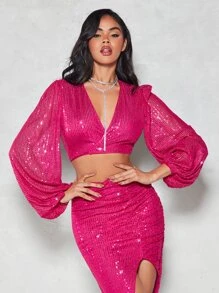 SHEIN BAE 燈籠袖短款亮片上衣和高衩半身裙