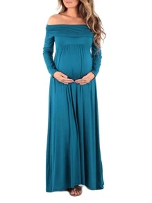 Vestido de maternidad de hombros descubiertos fruncido de color sólido - Agua verde azul - Ver 1