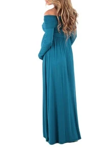 Vestido de maternidad de hombros descubiertos fruncido de color sólido - Agua verde azul - Ver 2