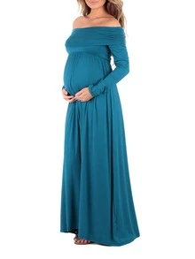 Vestido de maternidad de hombros descubiertos fruncido de color sólido - Agua verde azul - Ver 3