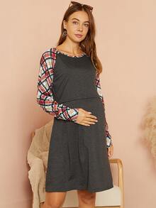 孕婦蘇格蘭格紋插肩袖哺乳洋裝