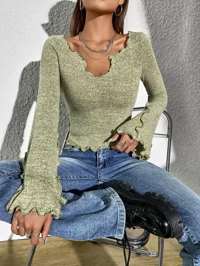 SHEIN EZwear Notched Neck Lettuce Trim Trumpet Sleeve Tee