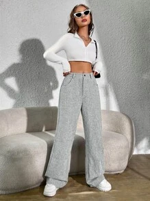 SHEIN EZwear High Waist Wide Leg Pants - Grey - View 4