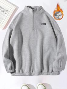 Manfinity Men Plus Letter Patched Quarter Zip Sweatshirt - Light Grey - View 1