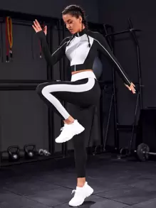 Powerista 2pcs Two Tone Gym Set Fitness Suit Contrast Stitch Zip Up Crop Jacket & Jacket & Wide Waistband Leggings Workout Women Set Women Leggings Set - Black and White - View 1