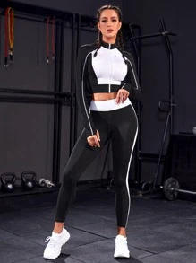 Powerista 2pcs Two Tone Gym Set Fitness Suit Contrast Stitch Zip Up Crop Jacket & Jacket & Wide Waistband Leggings Workout Women Set Women Leggings Set - Black and White - View 3