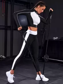 Powerista 2pcs Two Tone Gym Set Fitness Suit Contrast Stitch Zip Up Crop Jacket & Jacket & Wide Waistband Leggings Workout Women Set Women Leggings Set - Black and White - View 4